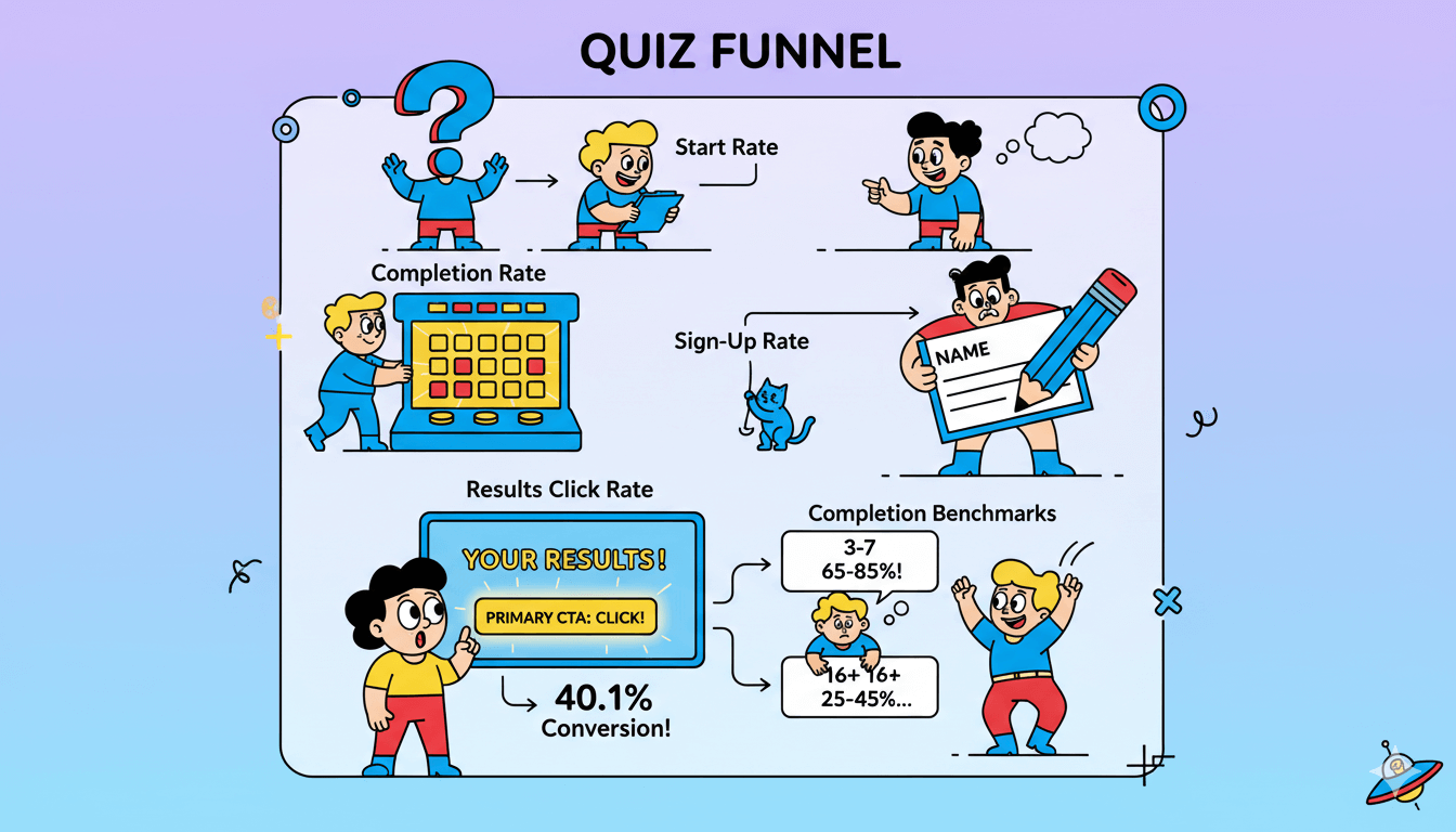 Un diagrama de flujo divertido ilustra las tasas de conversión y los benchmarks de un embudo de cuestionario para mostrar cómo funciona un clic principal de la CTA.