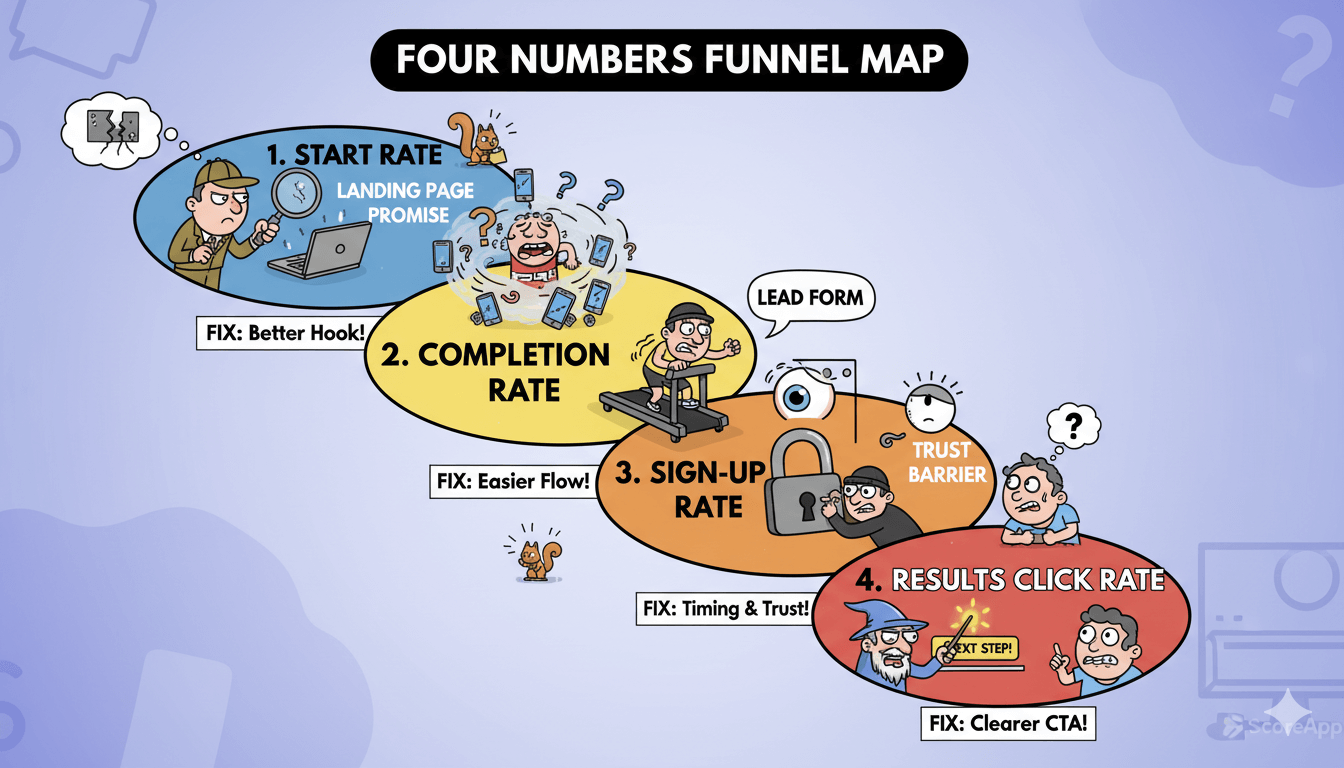 Un diagrama de embudo de dibujos animados ilustra cuatro etapas de un embudo de quiz de ScoreApp, destacando problemas comunes de conversión y sus soluciones.