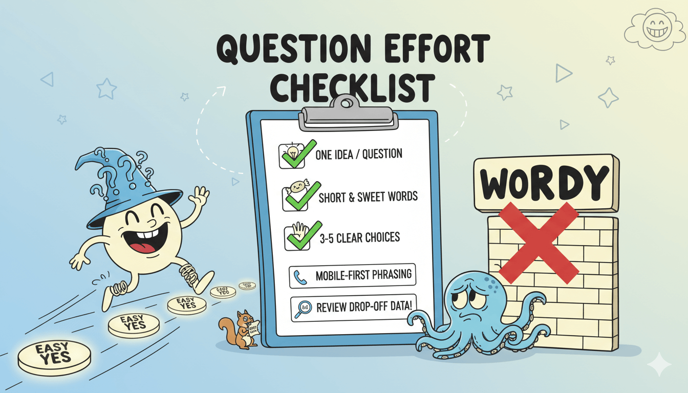 Un mago feliz avanza sobre monedas de "sí fácil", junto con una lista de preguntas para ordenar y ganar impulso.