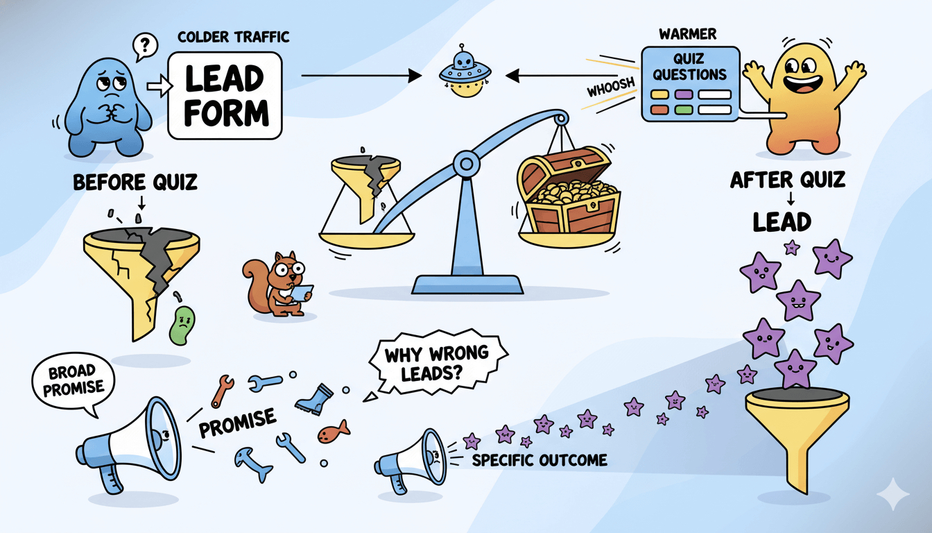 Un diagrama de flujo caprichoso ilustra la colocación de los formularios de lead, mostrando cómo el tráfico más frío se beneficia de los formularios tras las preguntas de los quiz, lo que conduce a leads de mejor calidad.