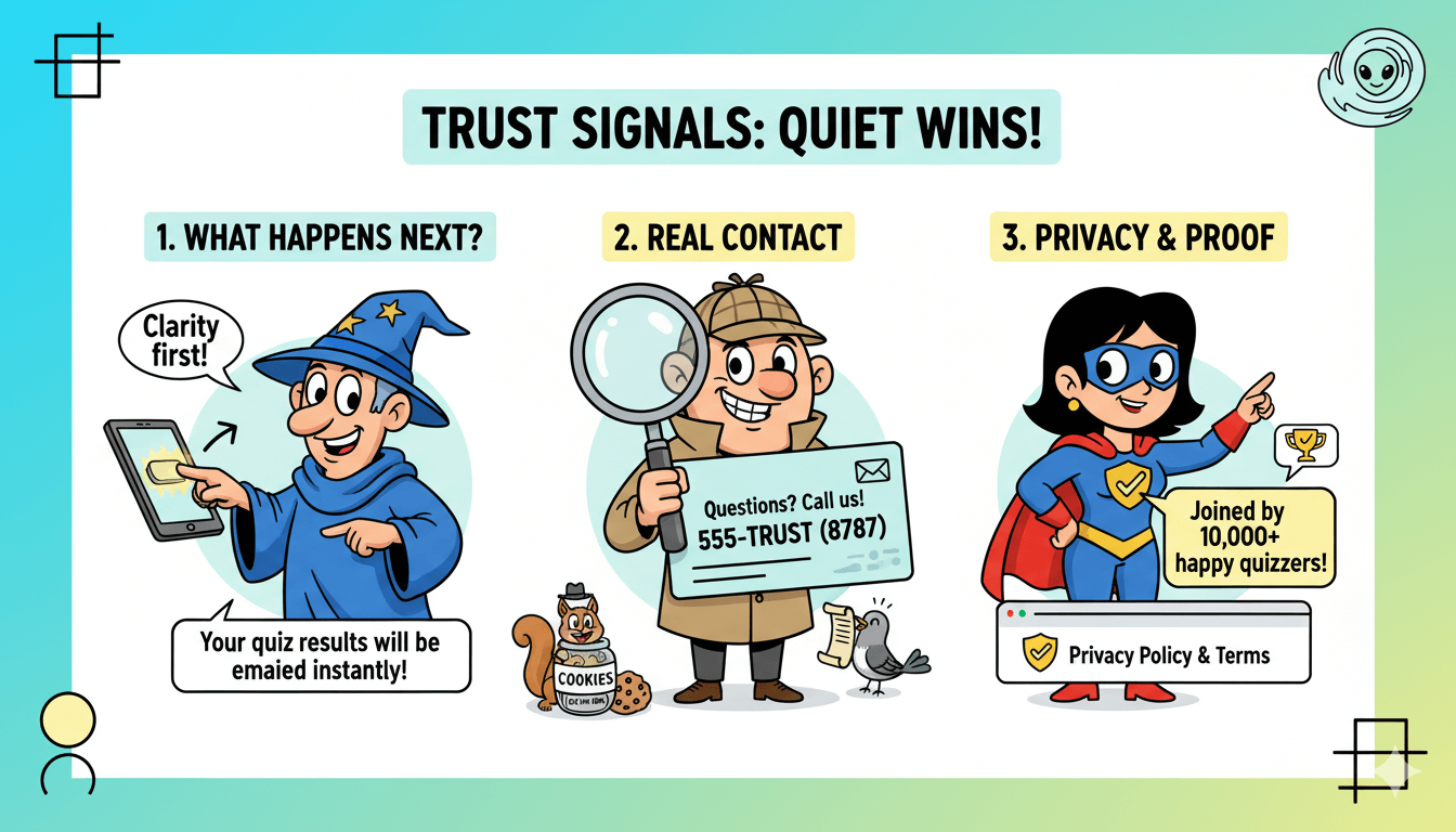 Una viñeta de tres viñetas que muestra señales de confianza: "¿Qué pasa después?", "Contacto real" y "Privacidad y pruebas", para la credibilidad del sitio web.