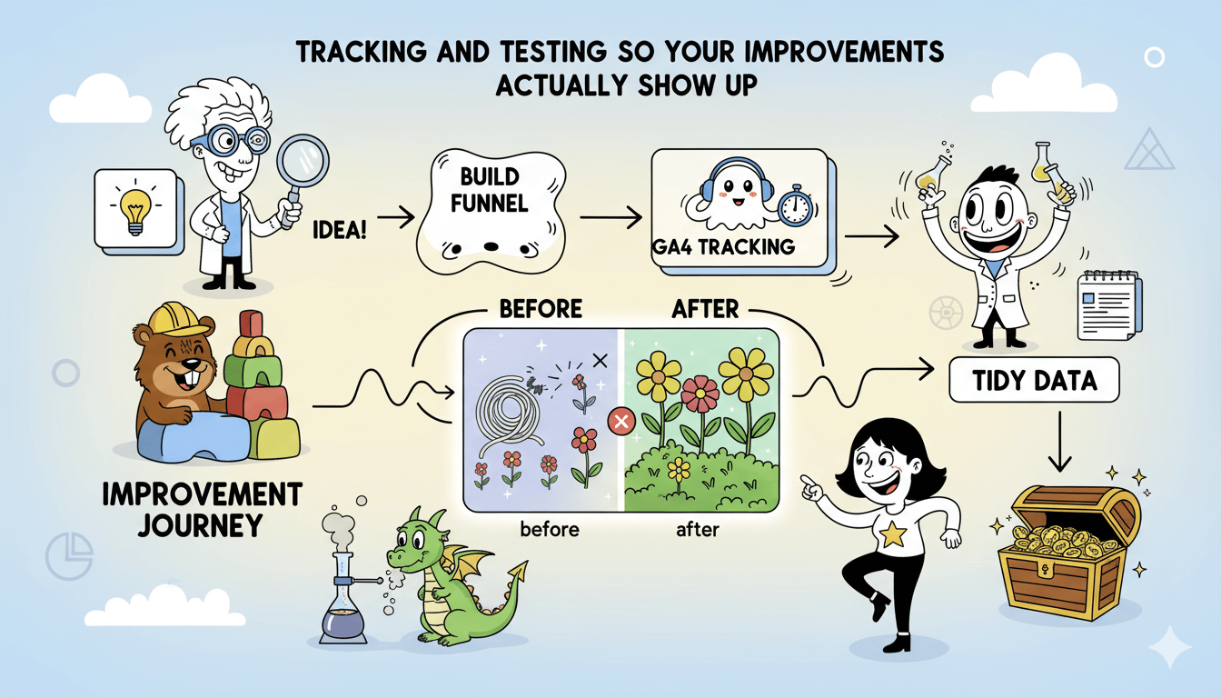 Un diagrama de flujo divertido demuestra visualmente cómo el seguimiento y las pruebas conducen a una mejora del rendimiento del embudo con resultados claros antes y después.