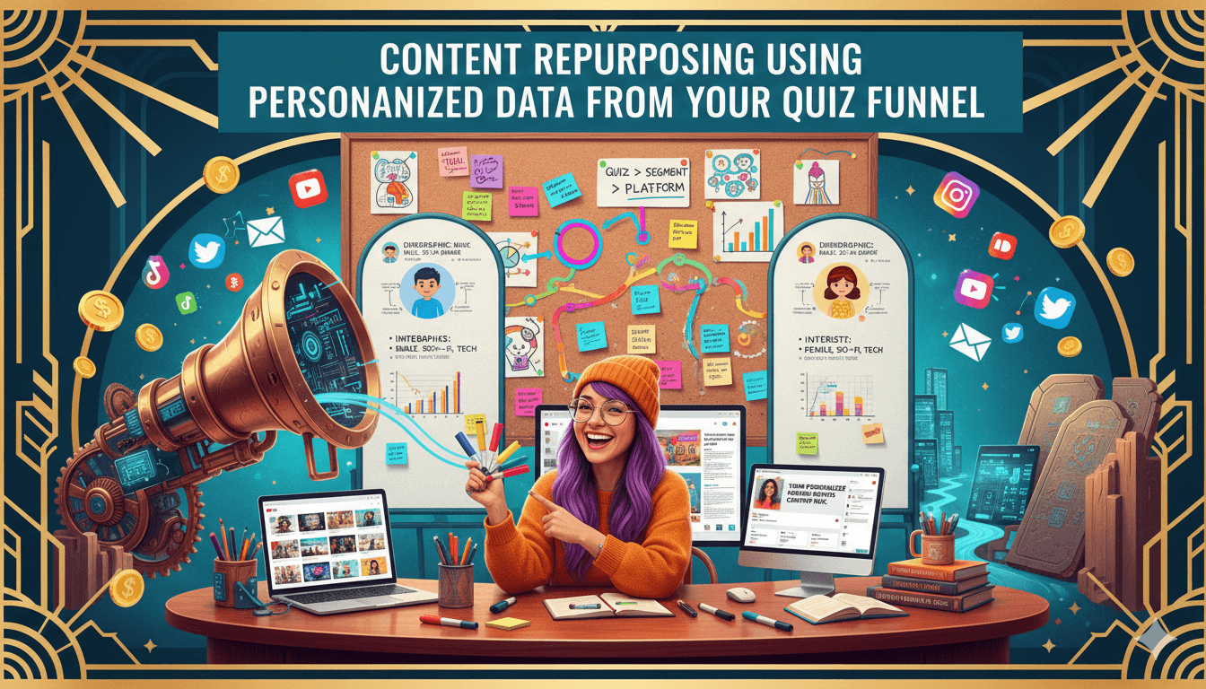 Miniatura de una entrada de blog que muestra a una mujer sonriente en un escritorio con un contenido organizado que reutiliza el flujo de trabajo usando datos de embudo de preguntas