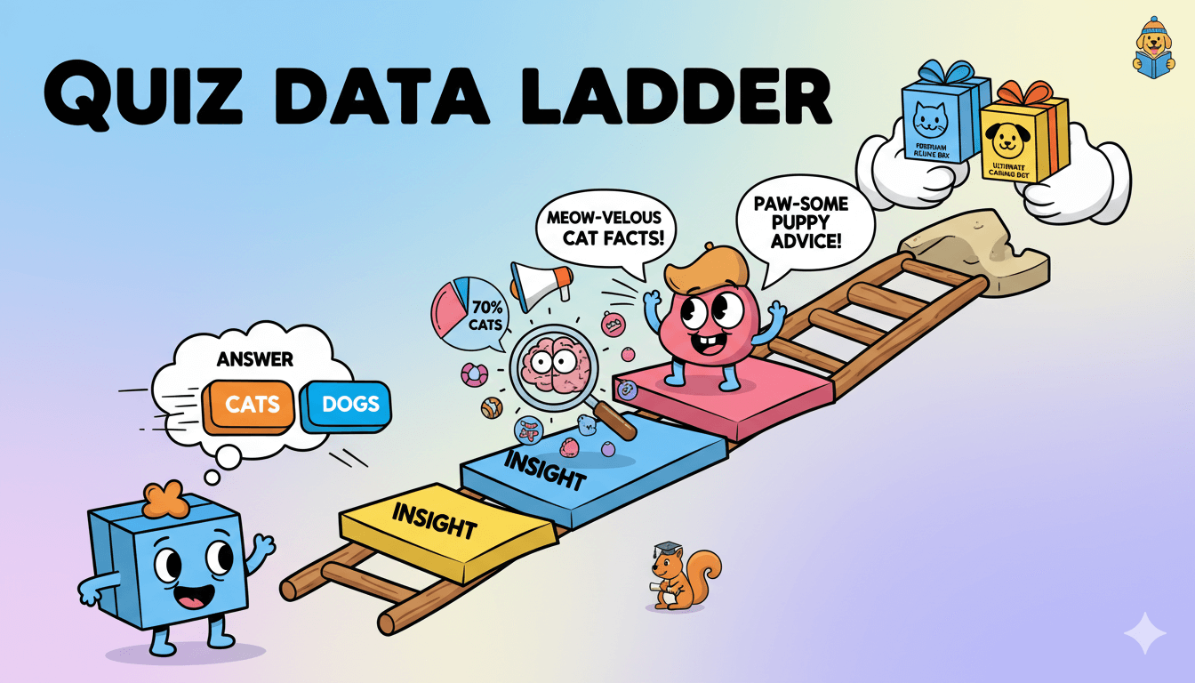 Un diagrama de escaleras divertido ilustra cómo las respuestas de los cuestionarios se transforman en ángulos de contenido y ofertas relevantes para la personalización