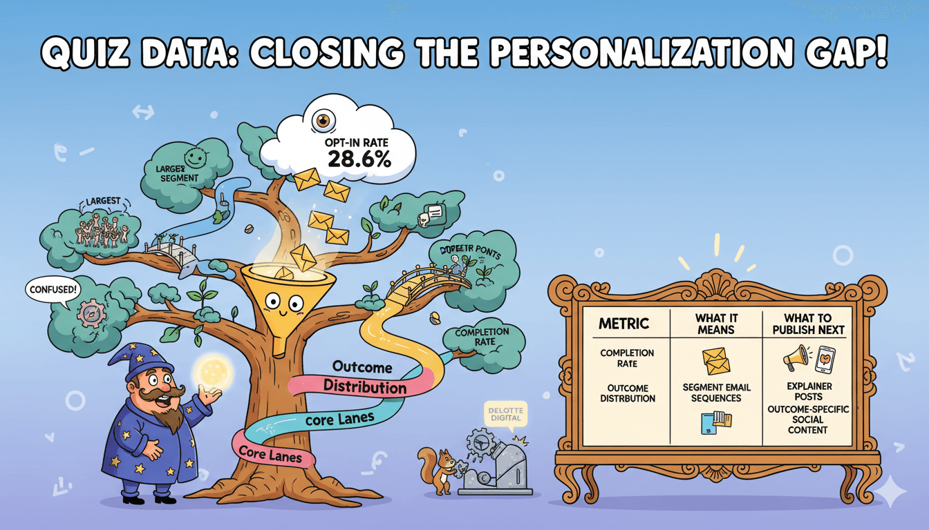 Una ilustración caprichosa de un embudo en forma de árbol que distribuye contenido a diferentes segmentos de audiencia y una tabla de métricas de cuestionarios.