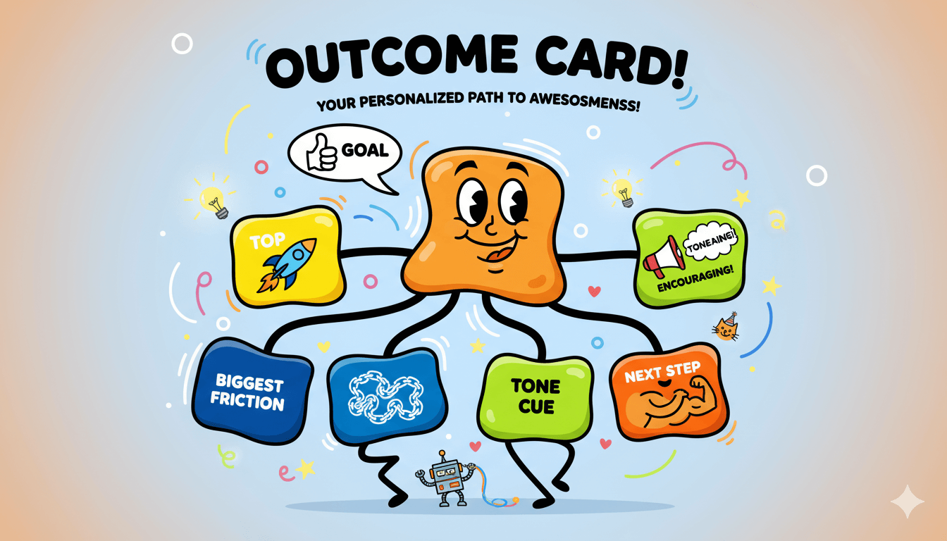 Un diagrama de flujo lúdico ilustra una "Carta de Resultado" con sus componentes: nombre del resultado, objetivo principal, mayor fricción, señal de tono y siguiente paso