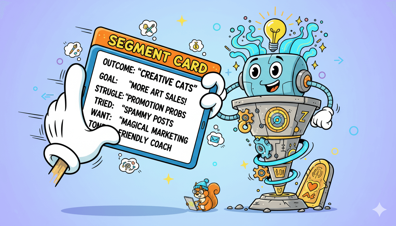 Un robot de dibujos animados, alimentado con una "tarjeta de segmentos" con datos de audiencia, genera ideas creativas de contenido para un compromiso personalizado.