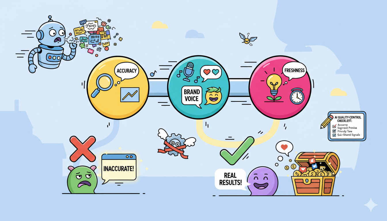 Un diagrama de flujo de dibujos animados ilustra el control de calidad del contenido con IA, enfatizando la precisión, la voz de la marca y la frescura para la confianza.