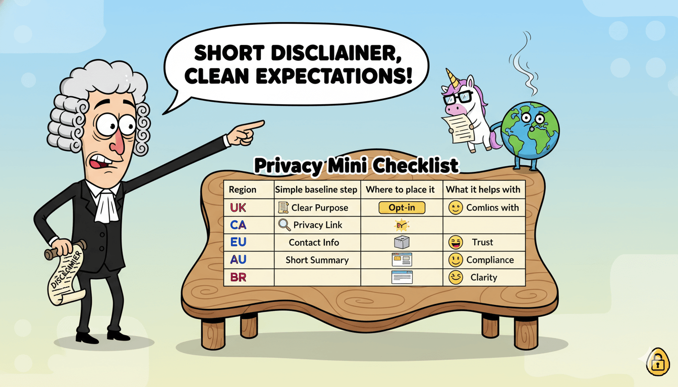 Una mesa lúdica que ilustra una mini-lista de privacidad para diferentes regiones, acompañada de un personaje abogado y un unicornio