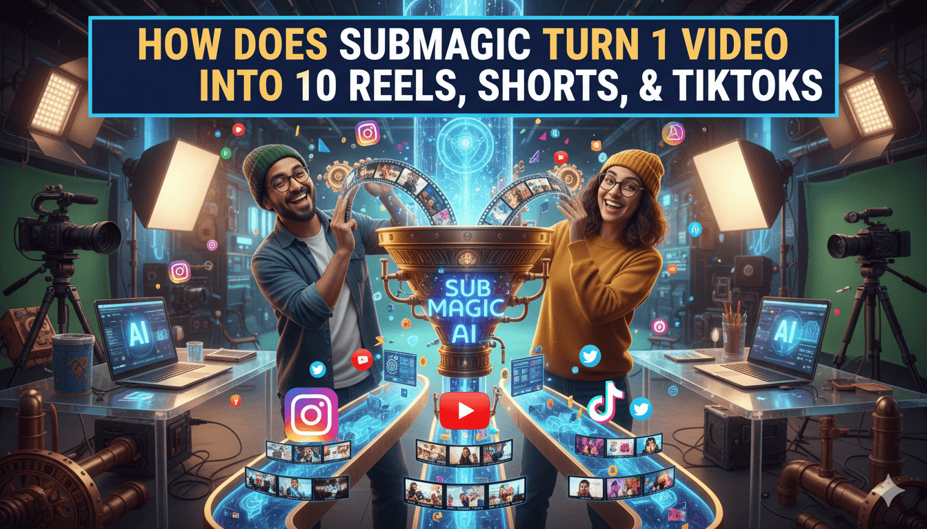 Dos creadores de contenido sonrientes, con pelo peludo, y gorros, envían un vídeo largo a un embudo de "Submagic AI", generando varios clips para redes sociales.