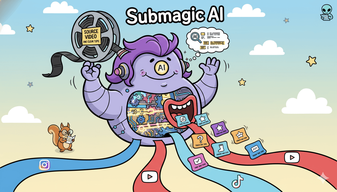 Un robot IA de dibujos animados procesa un carrete de "vídeo fuente" en diez momentos de contenido distintos, ilustrando la reutilización de contenido.