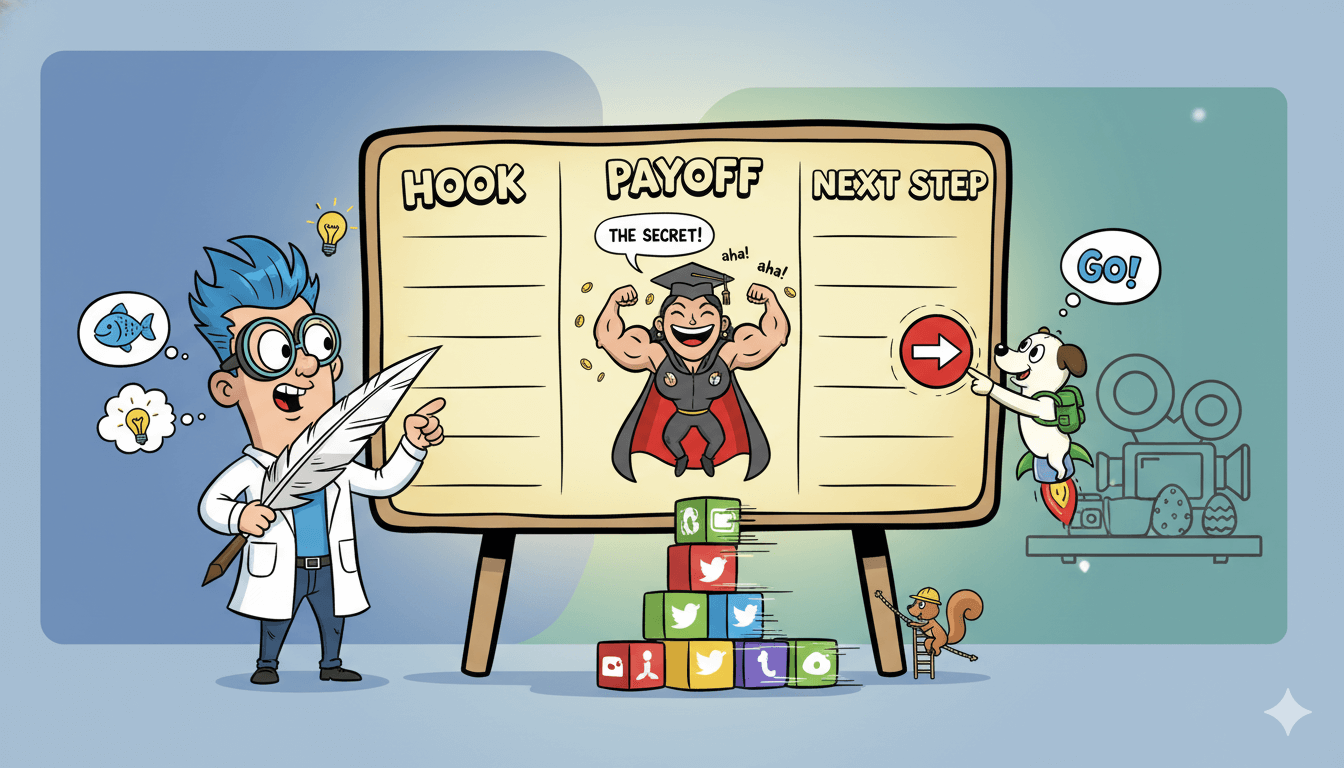 Un científico de dibujos animados señala un marcador con "Garfio", "Recompensa" y "Siguiente Paso" para explicar cómo crear videoclips de forma efectiva.