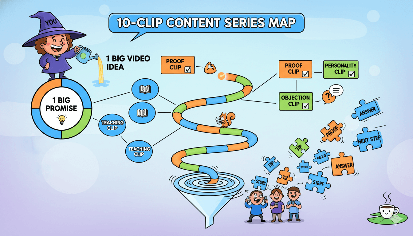 Un diagrama de flujo lúdico ilustra cómo una gran idea de vídeo puede dividirse en una serie de 10 clips para redes sociales.