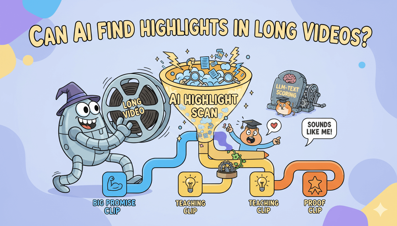 Una caricatura caprichosa muestra un vídeo largo siendo procesado por IA para generar varios clips cortos como "big promise" y "teaching clip".