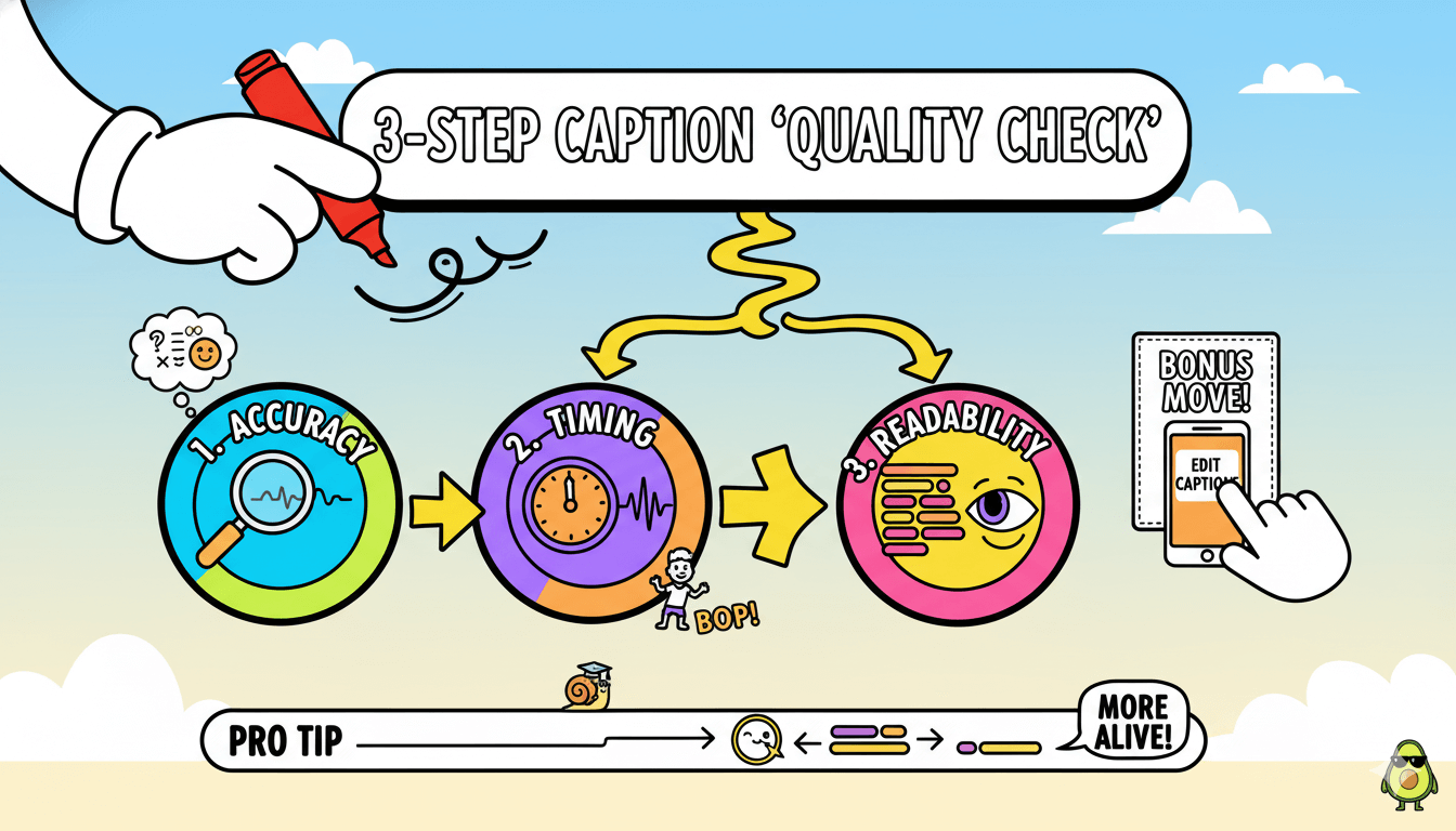 Un diagrama de flujo de dibujos animados juguetones ilustra una comprobación de calidad de los vídeos en 3 pasos, incluyendo precisión, sincronización y legibilidad.