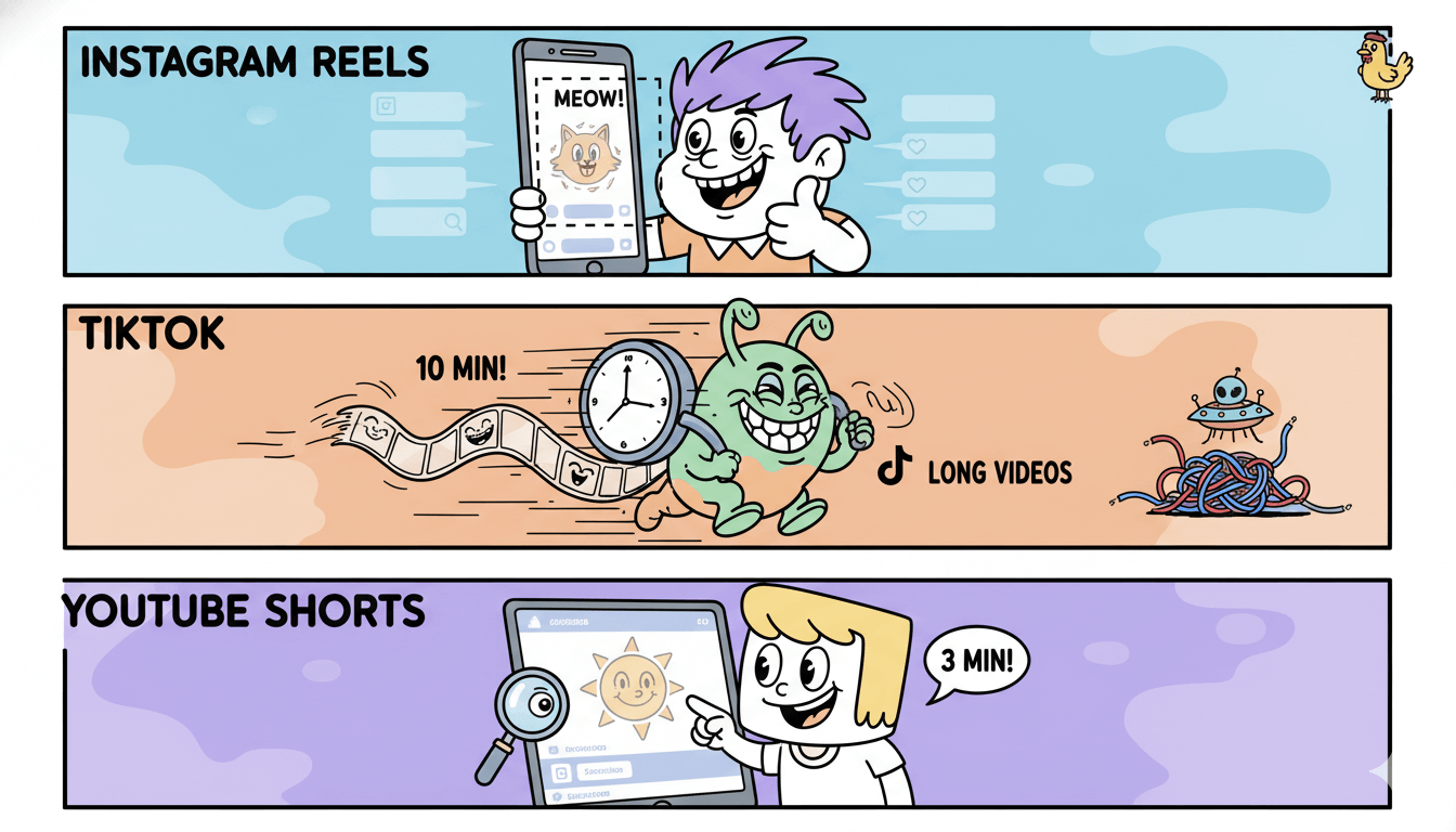 Un dibujo animado juguetón de tres viñetas que ilustra comprobaciones rápidas de plataformas para Instagram, TikTok y YouTube Shorts para subir vídeos limpios.