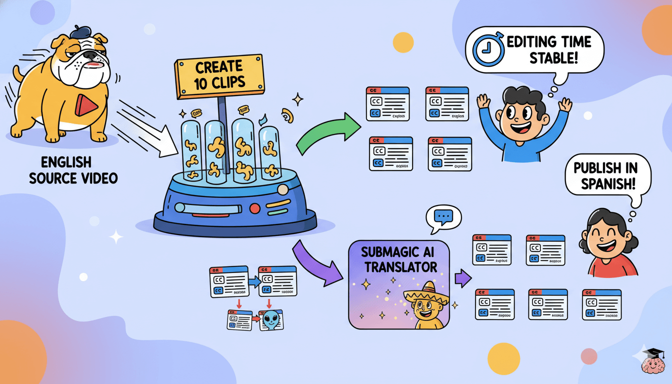 Un vídeo en inglés se transforma en diez clips, luego Submagic AI traduce los subtítulos para publicar en español, manteniendo el tiempo de edición estable.