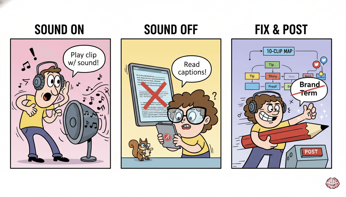 Una viñeta de tres viñetas en la que una persona revisa los vídeos para comprobar la exactitud de la traducción antes de publicar clips en redes sociales.