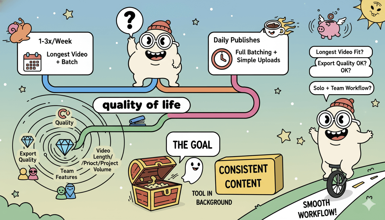 Un diagrama de flujo caprichoso ayuda a un personaje de dibujos animados a decidir un plan basado en la frecuencia de publicación, las características de calidad de vida y el flujo de trabajo.