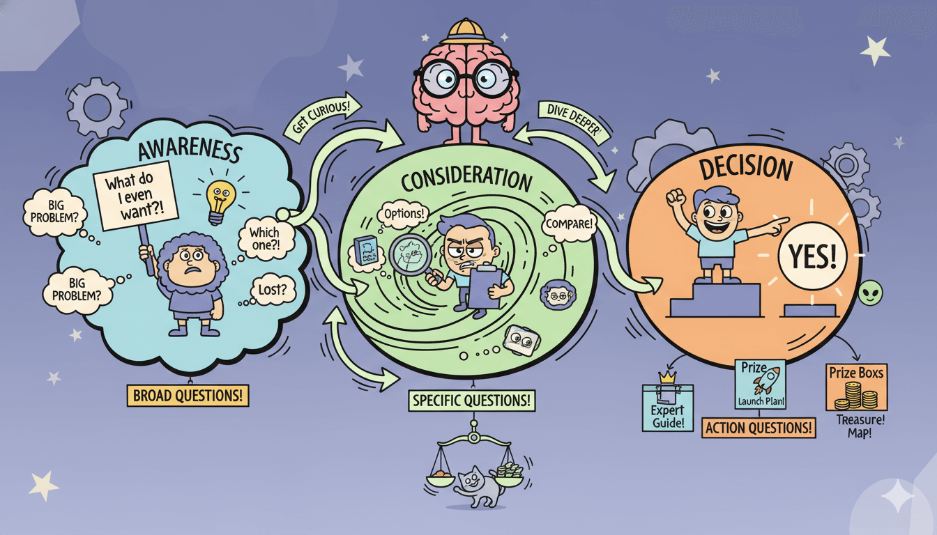 Un diagrama de flujo divertido ilustra cómo las preguntas del quiz se alinean con las etapas de conciencia, consideración y decisión del recorrido del cliente