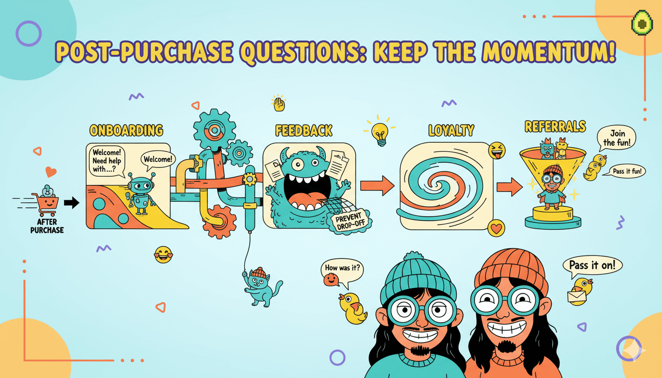 Un diagrama de flujo lúdico muestra el proceso posterior a la compra, enfatizando la incorporación, la retroalimentación, la fidelidad y las preguntas de recomendación.