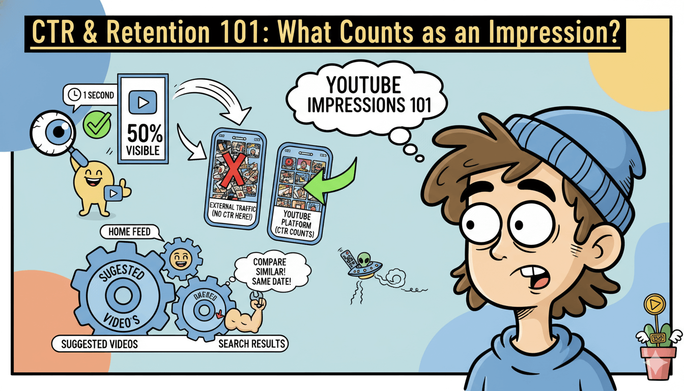 Un personaje de dibujos animados aprende sobre las impresiones de YouTube, ilustrando cómo se mide el CTR en función de la visibilidad y el tiempo de visualización.