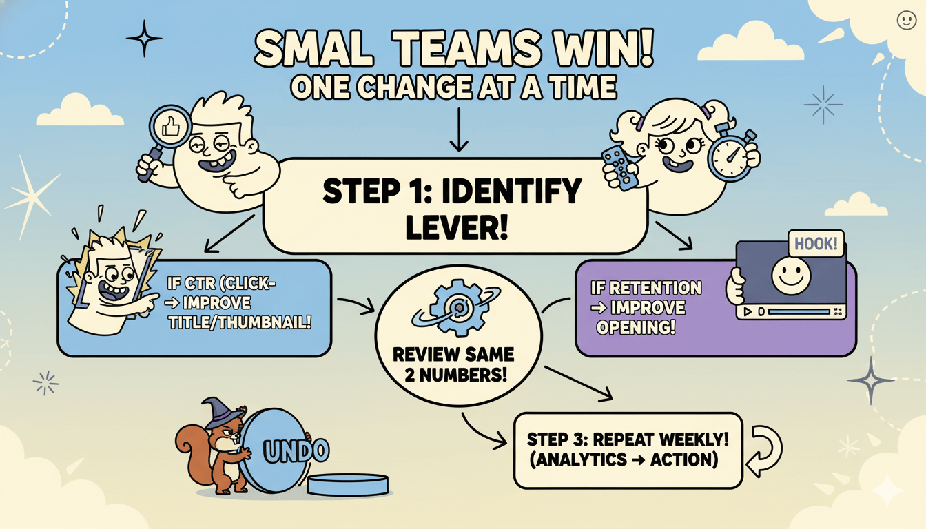 Un diagrama de flujo humorístico ilustra la "regla de un cambio" para equipos pequeños, mostrando cómo mejorar el CTR o la retención semanalmente.