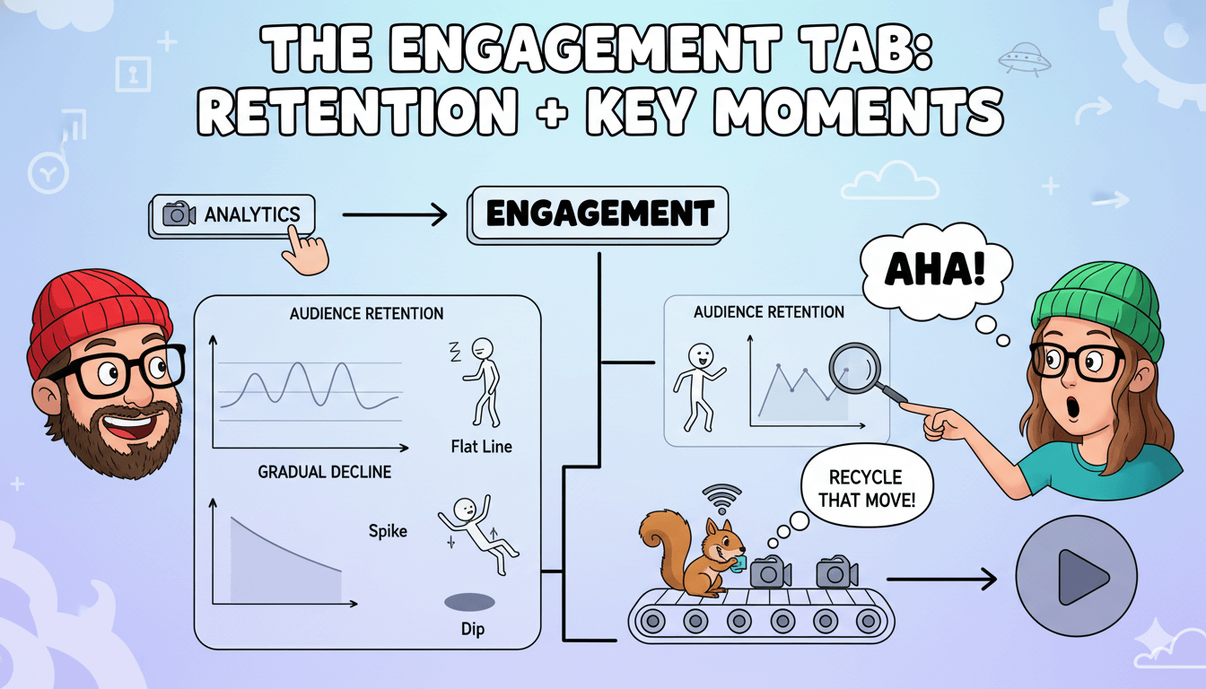 Un diagrama de flujo muestra a dos youtubers de dibujos animados analizando gráficos de retención de audiencia y momentos clave para mejorar el rendimiento del vídeo.