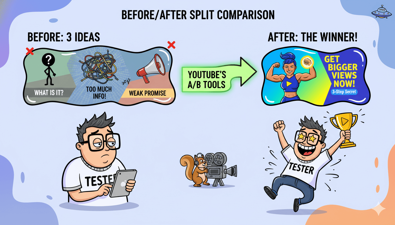 Un tester utiliza las herramientas A/B de YouTube para comparar tres ideas de miniaturas de vídeo, eligiendo finalmente un diseño ganador.