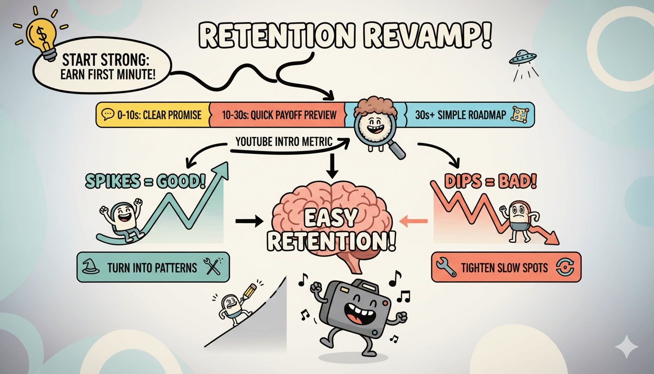 Un diagrama de flujo caprichoso ilustra cómo mejorar la retención de vídeos en YouTube analizando la interacción de la audiencia y refinando las introducciones de vídeo.