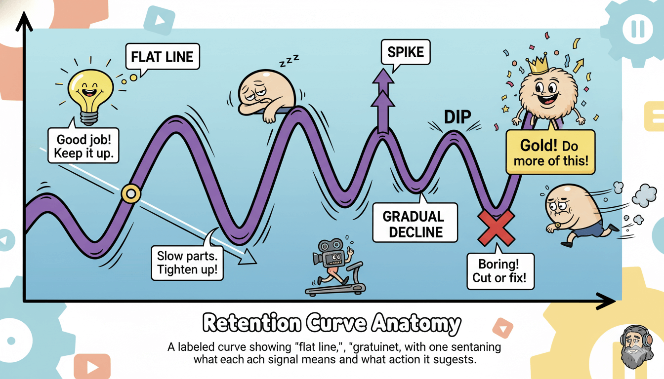 Una curva de retención caprichosa muestra una línea plana, un declive gradual, un pico y una caída, con consejos para mejorar la implicación del espectador.