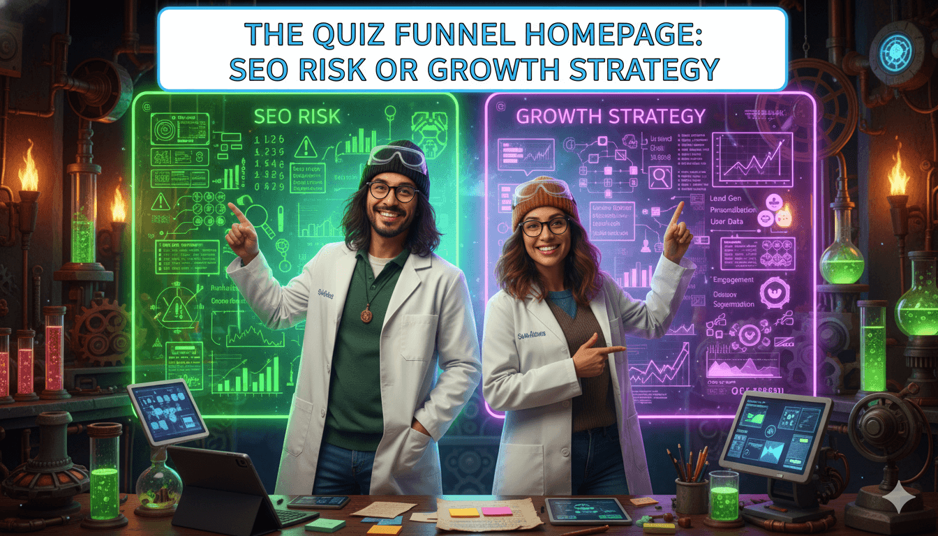Un científico diverso en un laboratorio futurista reflexiona sobre estrategias de embudo de preguntas, con pantallas de "Riesgo SEO" y "Estrategia de Crecimiento".