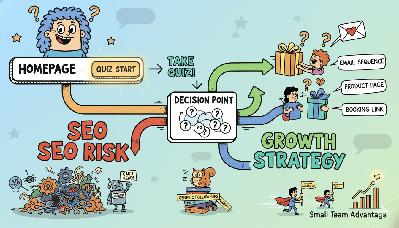 Un diagrama de flujo divertido ilustra una página principal de un cuestionario que guía a los visitantes desde el inicio del cuestionario hasta resultados personalizados, destacando el riesgo y el crecimiento SEO.