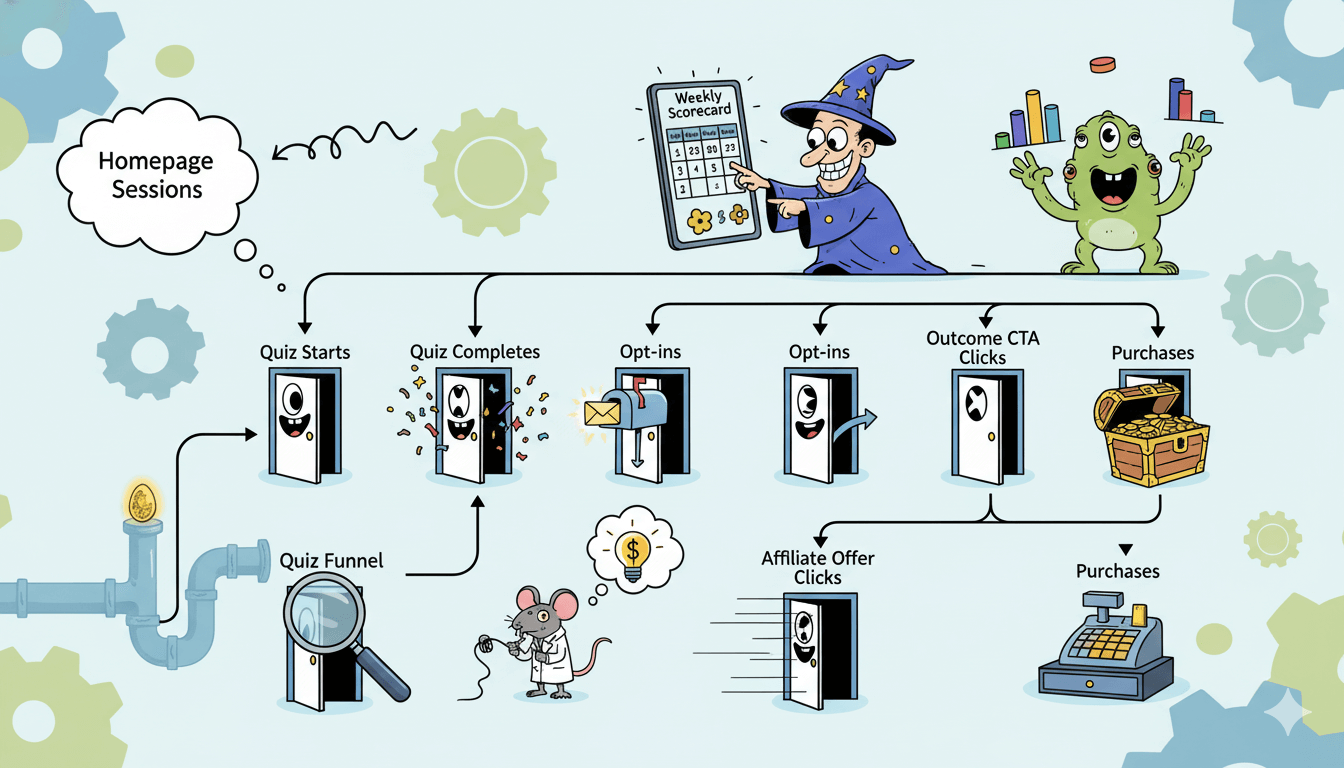 Un mago de dibujos animados sostiene una tarjeta de puntuación semanal, guiando al usuario en el viaje a través de un embudo de preguntas de preguntas y respuestas caprichoso representado por varias puertas.