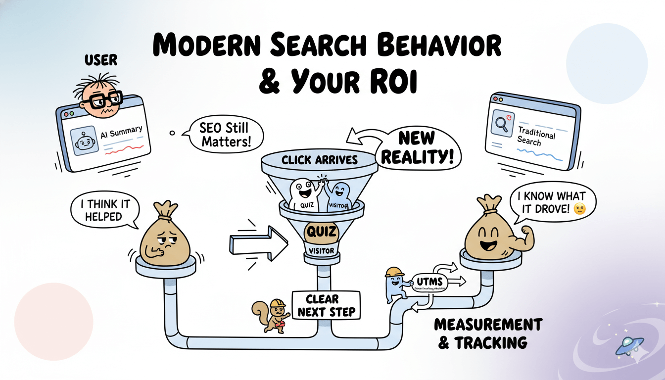Un diagrama de flujo lúdico ilustra cómo el comportamiento moderno de búsqueda lleva a los usuarios a un cuestionario, enfatizando la medición y el seguimiento con UTMs para obtener el retorno de inversión.