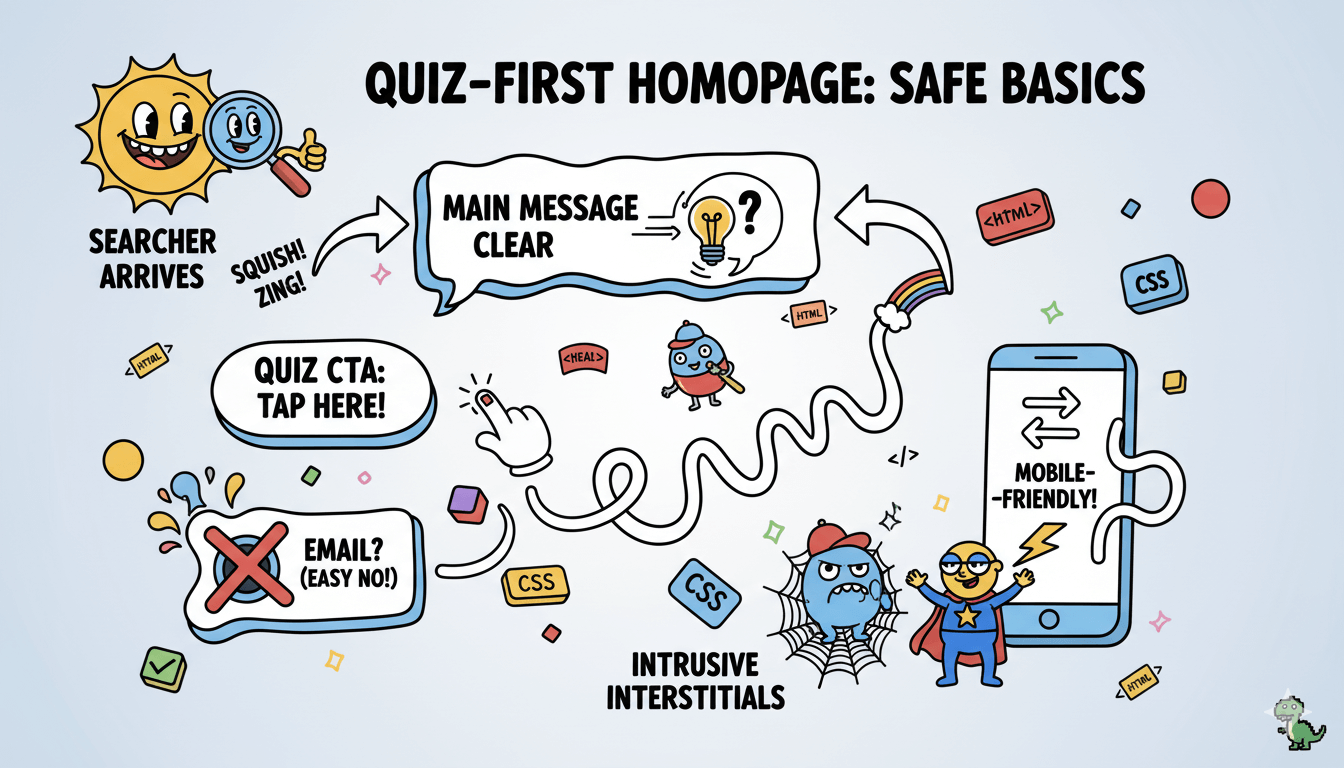 Un sol de dibujos animados con lupa inspecciona un diagrama de flujo para una página principal de preguntas y cuestionarios, destacando mensajes principales claros, CTAs fáciles, indicaciones de correo electrónico sencillas y facilidad para móviles.