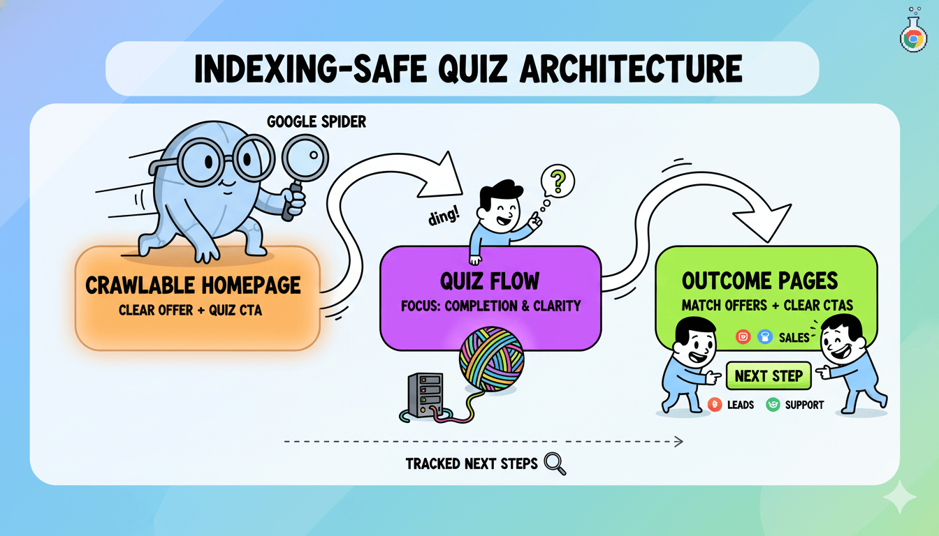 Un diagrama de flujo caprichoso ilustra una arquitectura de cuestionarios segura para la indexación, mostrando una araña de Google en una página principal rastreable que conduce a un flujo de cuestionario y páginas de resultados.