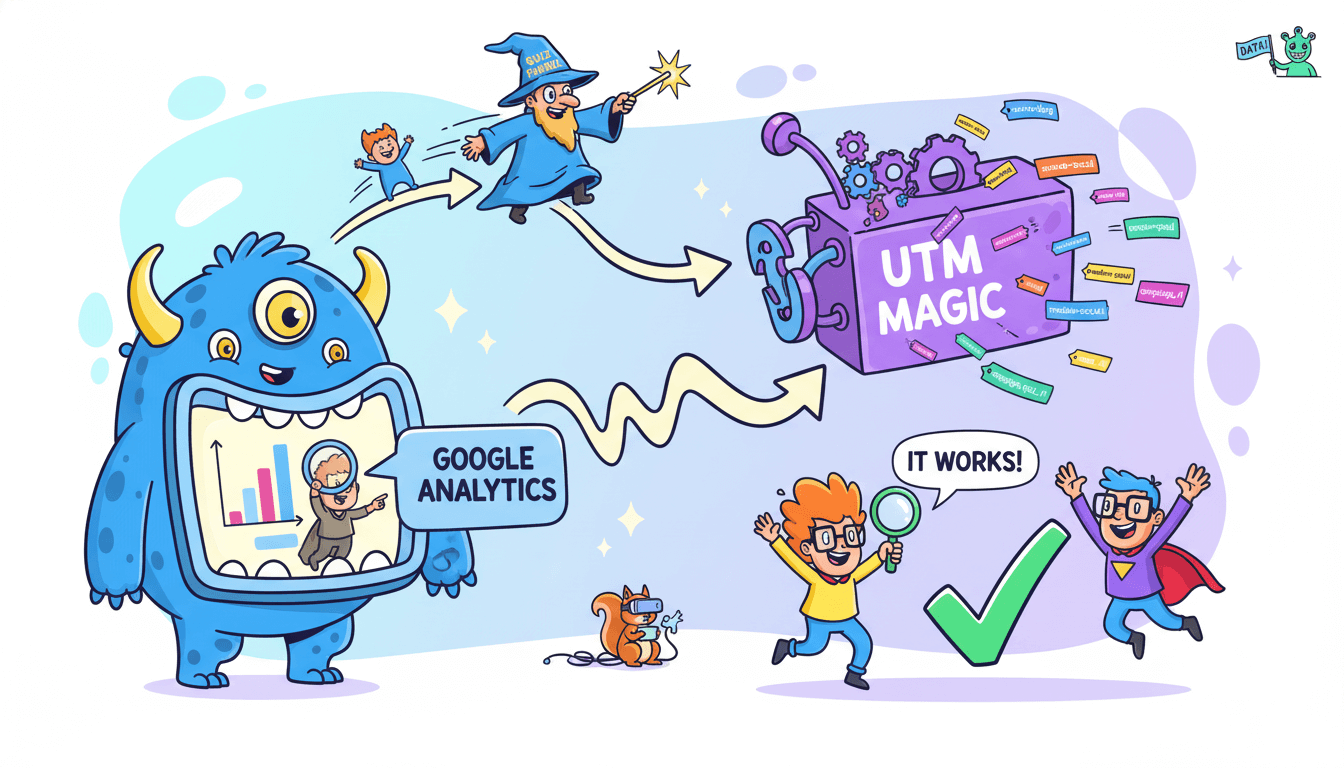 Una ilustración juguetona muestra a "UTM Magic" alimentando datos a un monstruo que representa Google Analytics, demostrando el seguimiento del embudo de cuestionarios.