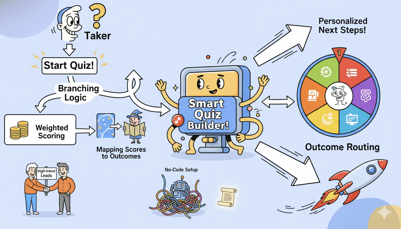 Un participante de un cuestionario de dibujos animados navega por un diagrama de flujo caprichoso para la calificación de líderes, ilustrando cómo Smart Quiz Builder dirige a los usuarios hacia resultados personalizados.
