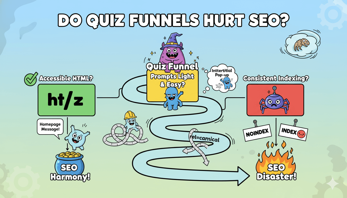 Un diagrama de flujo caprichoso ilustra cómo el HTML accesible, los prompts ligeros y la indexación consistente aseguran que un embudo de preguntas ayude al SEO.