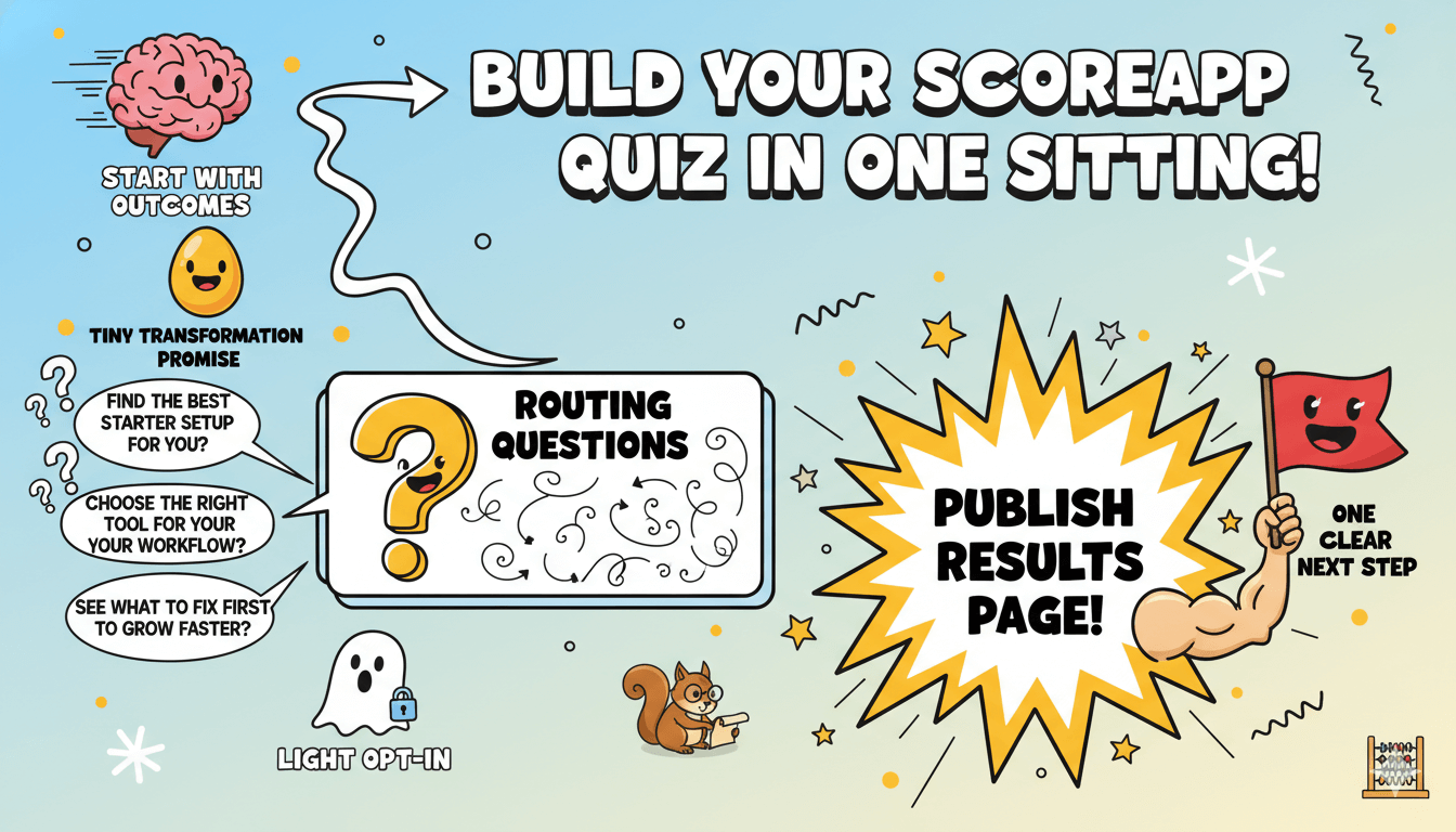 Un diagrama de flujo que ilustra el proceso para construir un cuestionario de ScoreApp desde los resultados hasta los resultados.