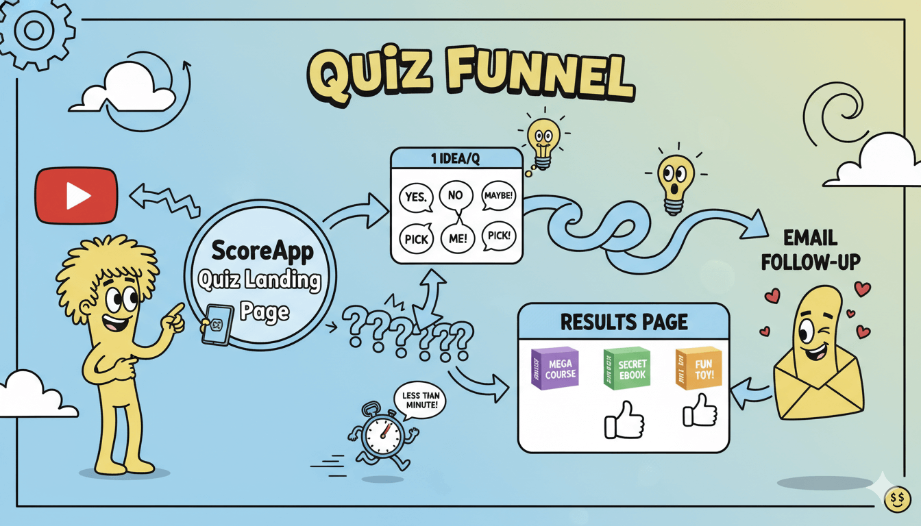 Una caricatura que muestra un embudo de preguntas, desde un vídeo de YouTube hasta una página de destino, preguntas de cuestionario, resultados y seguimiento por correo electrónico.