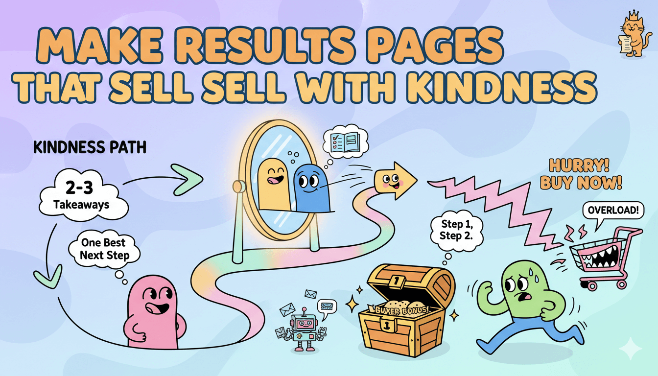 Un diagrama de flujo divertido ilustra cómo hacer que las páginas de resultados se vendan con amabilidad, ofreciendo cosas para llevar y un bono.