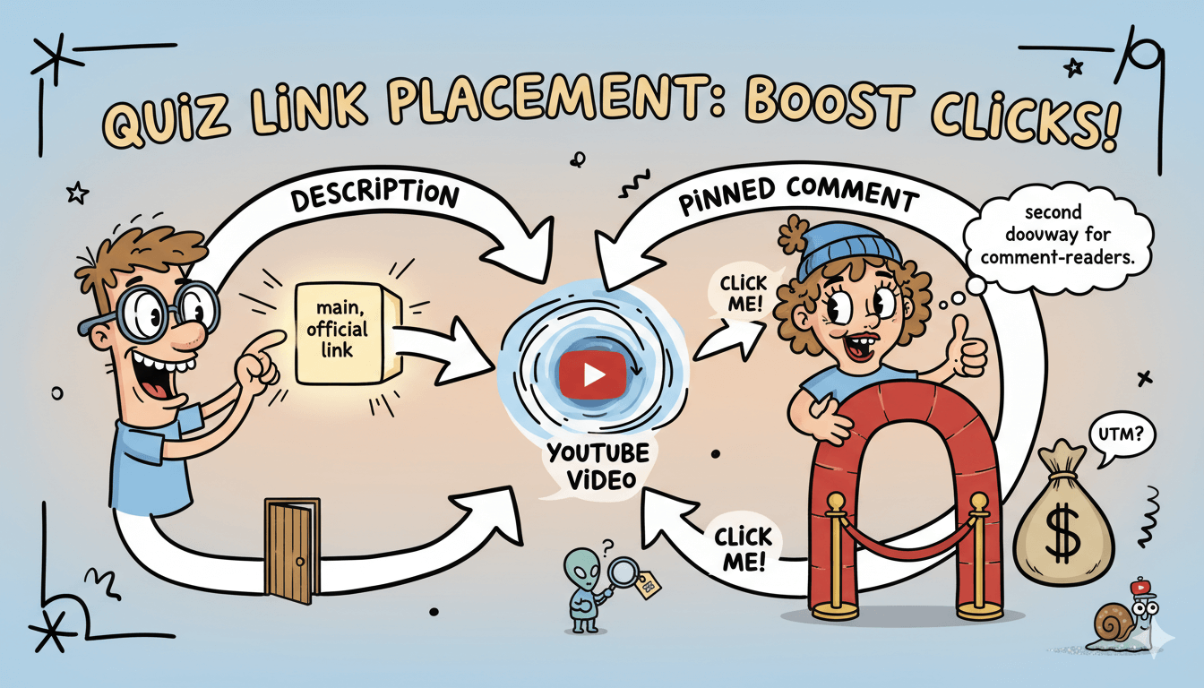 Una infografía divertida sobre la colocación de enlaces de cuestionarios en descripciones de vídeos de YouTube y comentarios fijados para aumentar los clics.