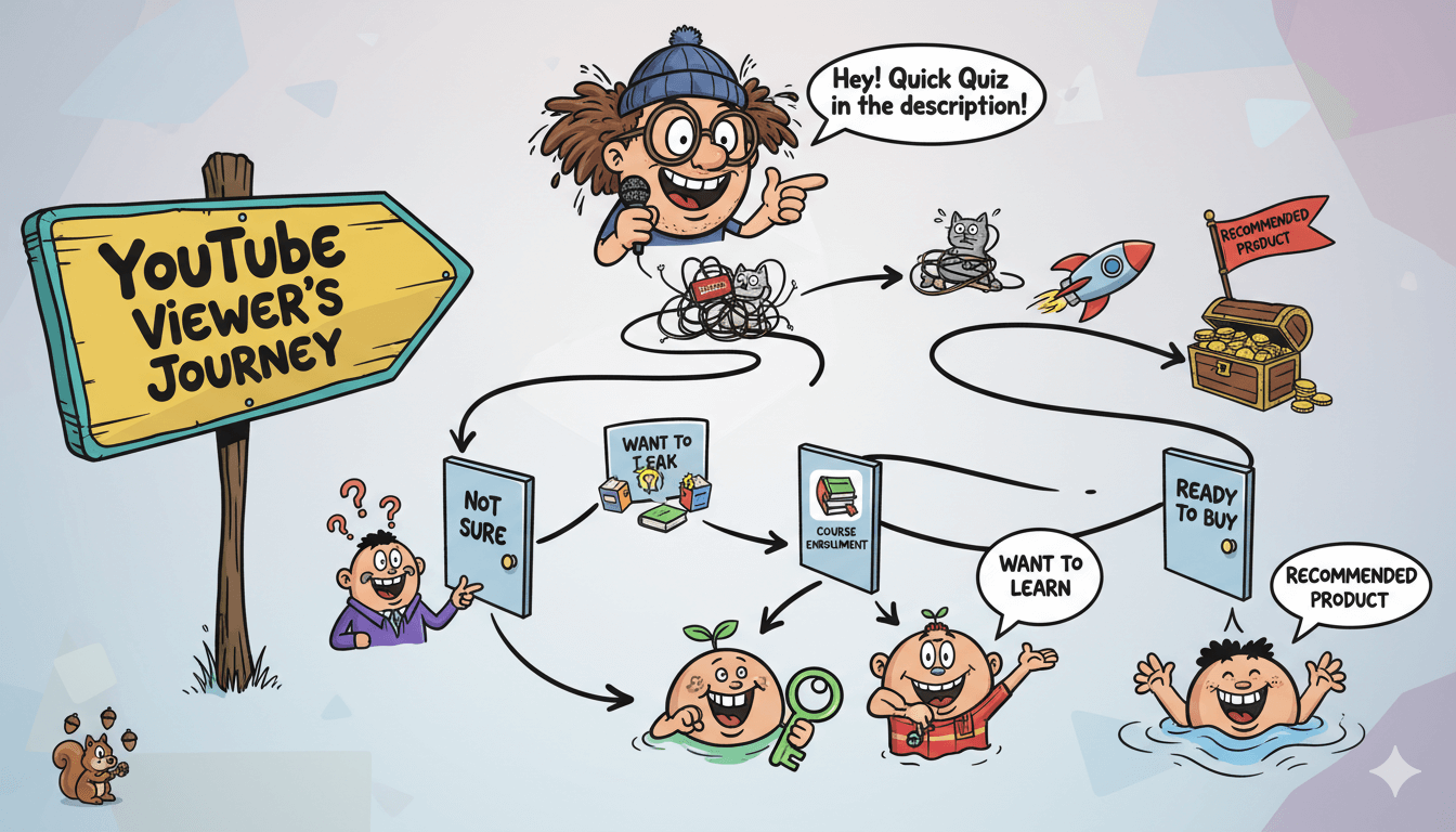 Un diagrama de flujo divertido ilustra el recorrido de un espectador de YouTube a través de un cuestionario, lo que conduce a productos o cursos recomendados.