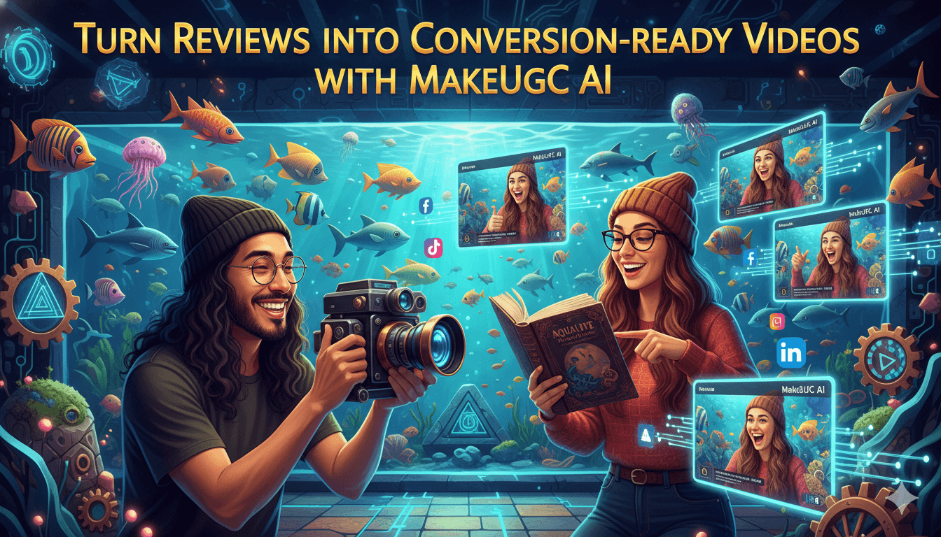Dos creadores de contenido sonrientes graban una reseña de libro dentro de un acuario, rodeados de iconos brillantes de redes sociales y tomas digitales de vídeo para MakeUGC AI.