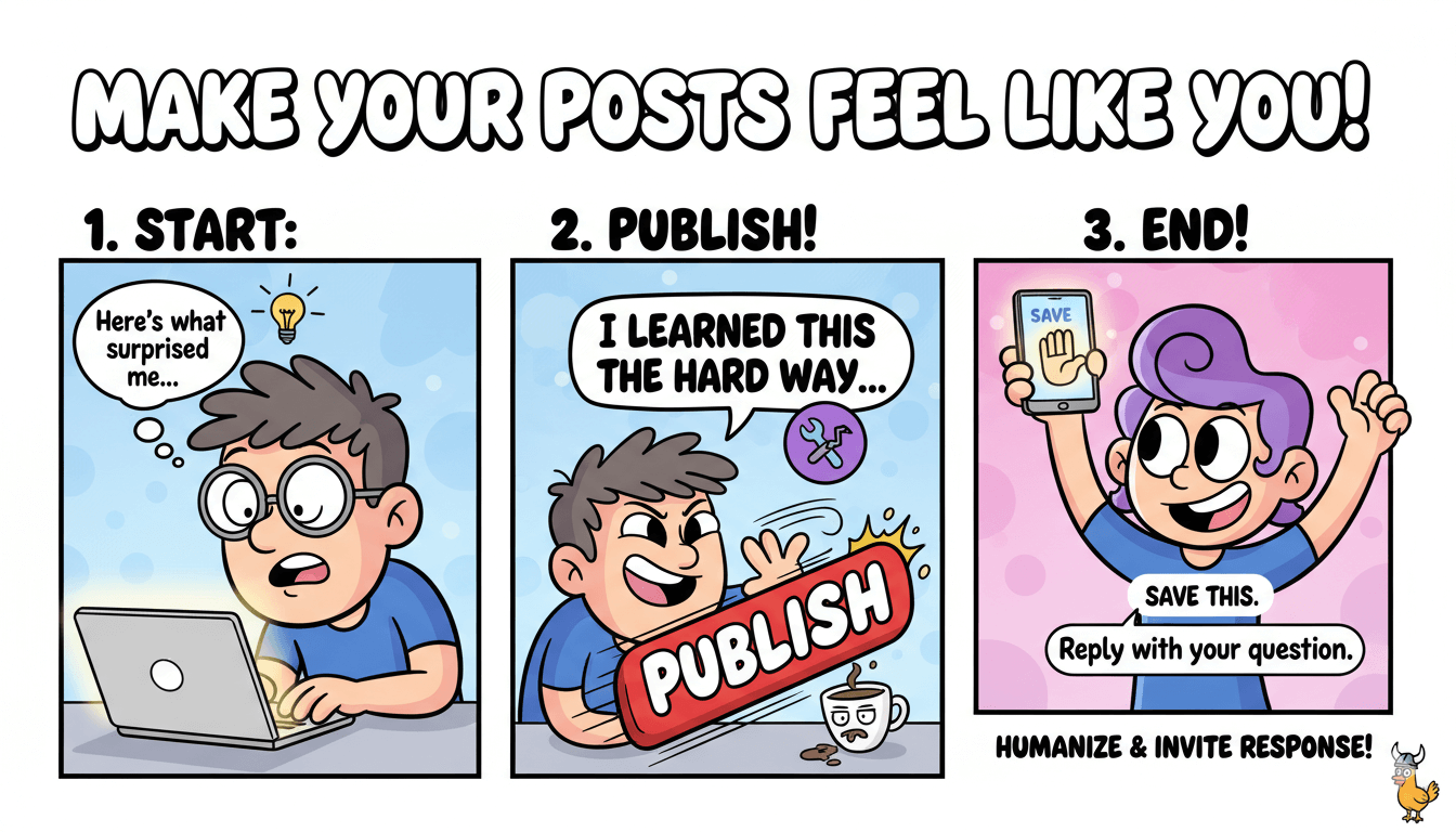 Un panel de cómic de tres pasos muestra cómo hacer que las entradas del blog se sientan personales añadiendo un gancho, publicaciones y una llamada a la acción.