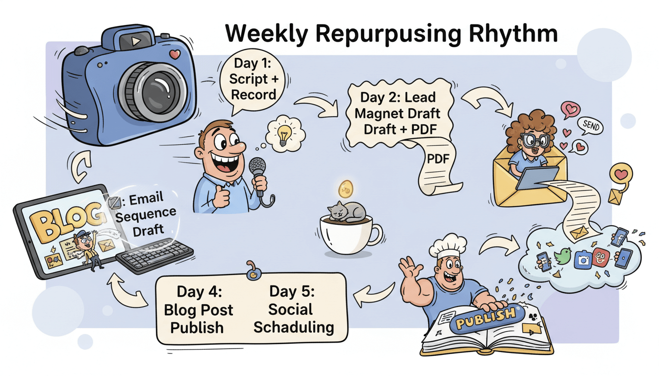 Un diagrama de flujo humorístico que muestra a un hombre y una mujer caricaturescos siguiendo un ritmo semanal de cinco días reutilizando para la creación de contenido.