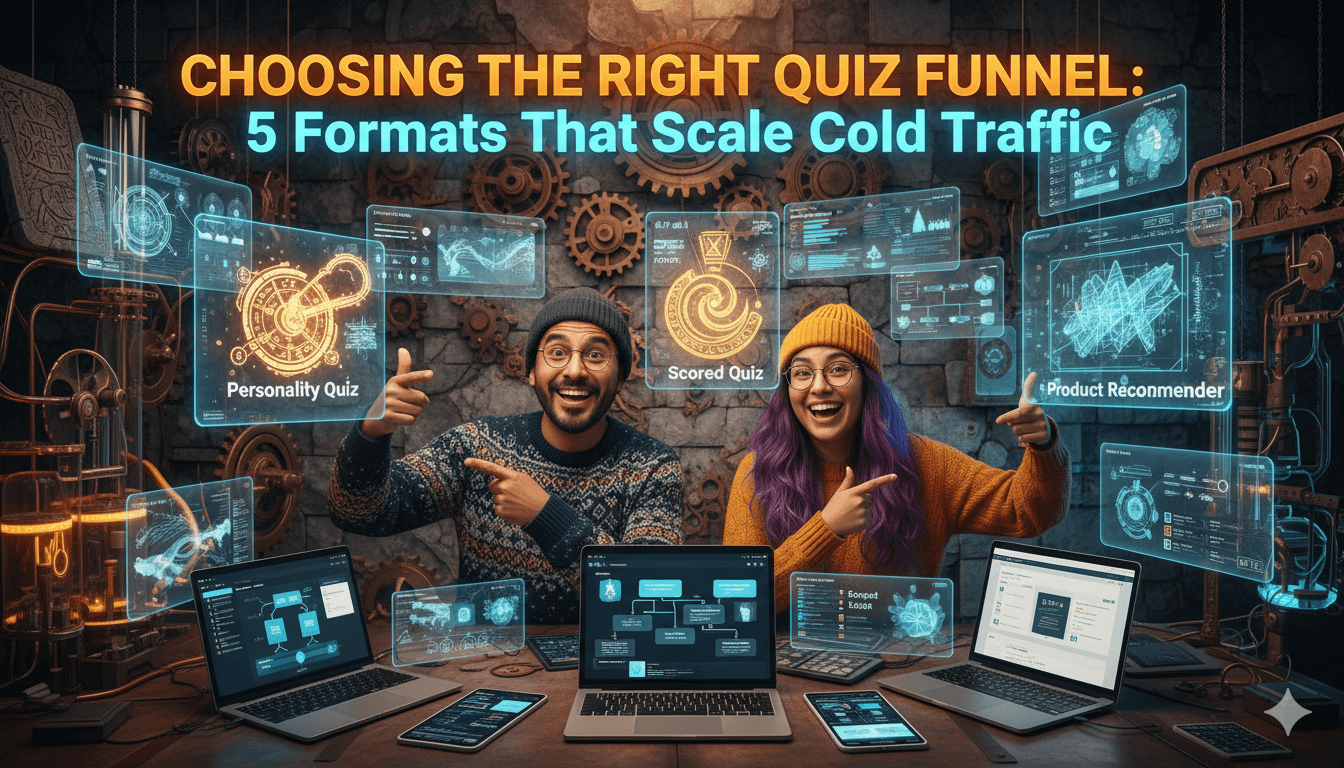 Dos personas sonrientes con gorros y gafas señalan varias opciones de embudo de quiz, rodeadas de gráficos, tecnología antigua y moderna.