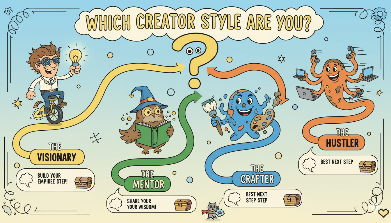 Un diagrama de flujo caprichoso ilustra diferentes arquetipos de creadores con sus rasgos únicos y los siguientes pasos sugeridos.